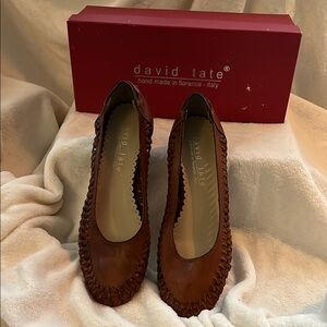 David Tate Brown Leather Woven Trim Flats